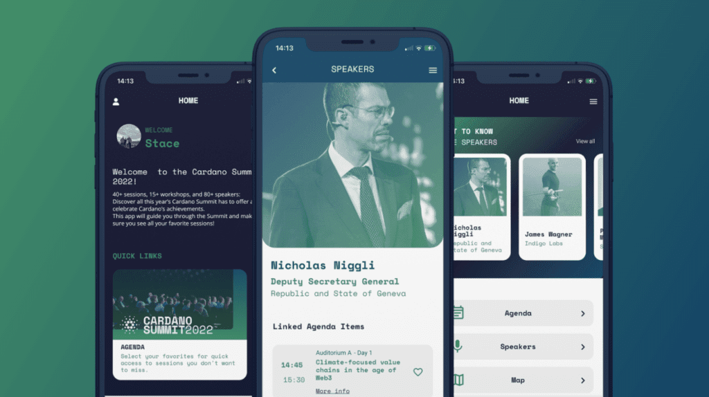 Three smartphones display an event apps interface, showing sections for agenda, quick links, and speaker profiles. The center phone highlights a speaker with event details. The background features a blue-green gradient.