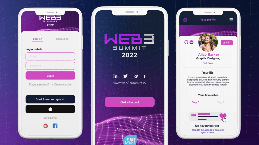 Three smartphone screens display a Web3 Summit 2022 event app, featuring a login page, a get started screen, and graphic designer Alice Barker’s user profile, all set against a purple-blue digital-themed background.