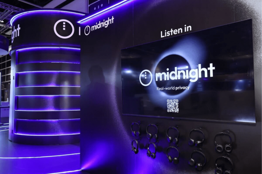 Immersive exhibition stand design by a leading event agency, showcasing event tech and creating a high-impact brand experience at a global blockchain event.