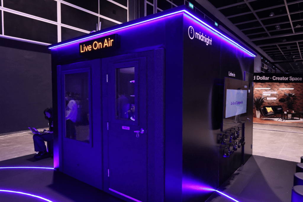 Immersive exhibition stand design by a leading event agency, showcasing event tech and creating a high-impact brand experience at a global blockchain event.
