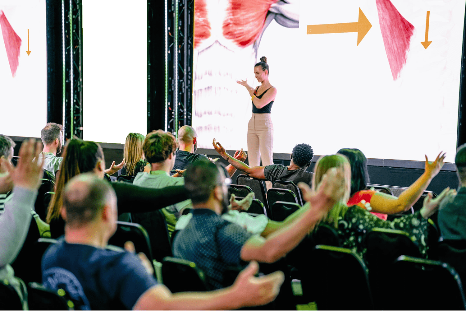 Corporate event attendees participating in wellness activities like yoga, mindfulness, and social connection sessions at a corporate event experience.